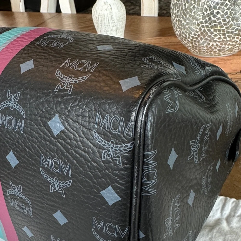 MCM Black Satchel with Pink and Teal Stripes - Picture 7 of 12